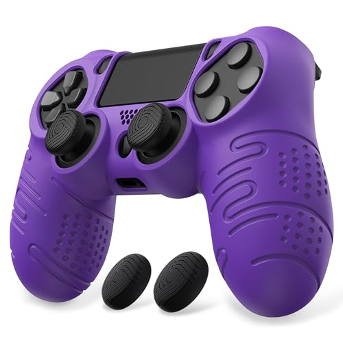 PlayVital Line & Dot Purple Silicone Cover Skin for ps4 Controller, Anti-Slip Soft Protector Case Cover with Thumb Grip Caps - color: Purple