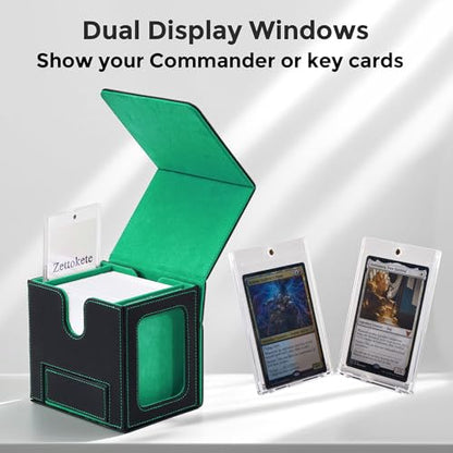 MTG Commander Deck Box with Dual Display Windows and Dice Tray | Fits 100 Double-Sleeved Cards, PU Leather, 2 Magnetic Card Holders, 2 Dividers, Black & Green - color: 2. Black & Green