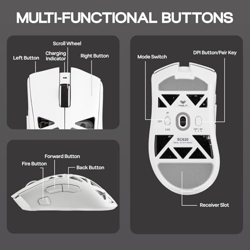 MechLands Aula SC620 Gaming Mouse, 2.4G/USB-C/BT Wireless Mouse with 400mAh Battery, Adjustable 12,000 DPI & 1000 Polling Rate, PAW3311 Sensor, RGB Lighting, Programmable Buttons, for Win/Mac (White) - color: White