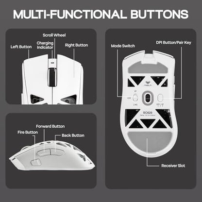 MechLands Aula SC620 Gaming Mouse, 2.4G/USB-C/BT Wireless Mouse with 400mAh Battery, Adjustable 12,000 DPI & 1000 Polling Rate, PAW3311 Sensor, RGB Lighting, Programmable Buttons, for Win/Mac (White) - color: White