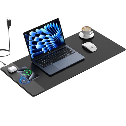 TopMade Wireless Charging Mouse Pad, Gaming Mousepad Home Office Large Desk Pad with Ultra-Smooth Surface, Non-Slip Base, Waterproof Keyboard Mat (Includes 20W PD Power Adapter & 6.56ft Woven Cable) - color: Black-31.5"x15.8"-with Adapter