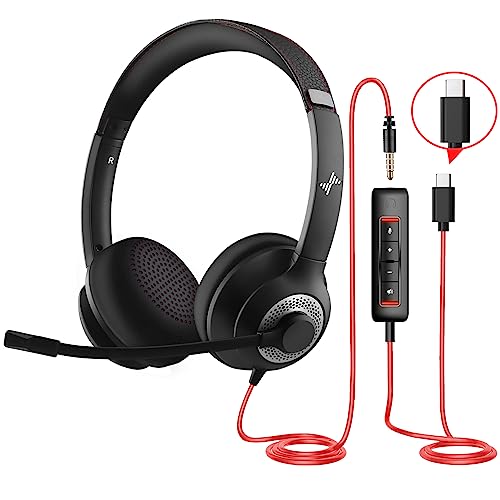 JIAMQISHI USB Headset with Microphone for PC, On-Ear Computer Laptop Headphones with Noise Cancelling Mic in-line Control for Home Office Online Class Zoom (Type C+3.5mm, Black) - color: Black, style: TYPE C+3.5mm