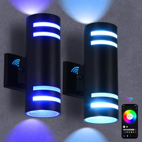 RGB Up and Down Lights Outdoor Wall Lights 2 Packs, Smart Color Changing Outdoor Wall Sconce WiFi Voice & App Control,Aluminum Waterproof Exterior Lights for Porch Compatible with Alexa - color: Black-Cylinder 2, size: 2 Pack