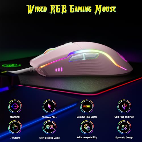 memzuoix Wired Gaming Mouse with RGB - 6 Adjustable DPI up to 12800, 6 Buttons, 12 Lighting Modes, Ergonomic Design with Anti-Slip Rubber Wheel, 5.6ft Braided Cable for PC/Mac/Windows - Pink - color: pink