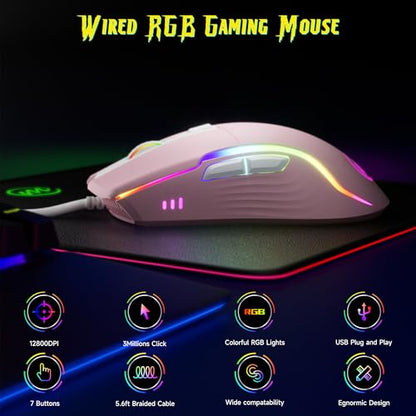 memzuoix Wired Gaming Mouse with RGB - 6 Adjustable DPI up to 12800, 6 Buttons, 12 Lighting Modes, Ergonomic Design with Anti-Slip Rubber Wheel, 5.6ft Braided Cable for PC/Mac/Windows - Pink - color: pink
