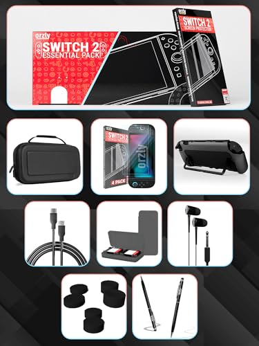 Orzly Switch 2 Accessories Bundle Carry Case & Screen Protector for Nintendo Switch 2 (2025) Console, TravelCase, Screen Protection, Grip Case, USB-C Cable, Games Holder, Headphones, Thumbgrips - size: 7.9 inch Switch 2