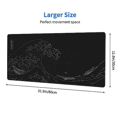 Japanese Gaming Mouse Pad Black Mouse Pad Kanagawa Large Mousepad Non-Slip Rubber Base Waterproof with Stitched Edges for Gaming Office Home, 31.5x11.8 Inch (Black Wave) - color: Kanagawa Wave