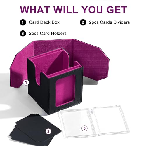 Commander Dual Display Deck Box — Patented Design Holds 130 Double-Sleeved/100 Triple-Sleeved Cards, Includes 2 Thick Card Bricks & 2 Dividers, Leather Multi-Function Storage Case (Black Purple) - color: Black/Purple