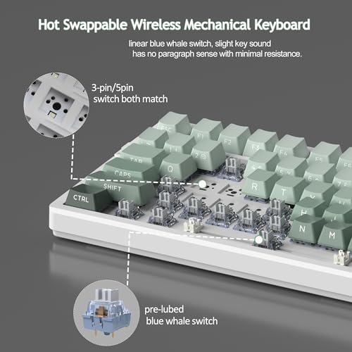 MageGee LIGHT100 Wireless Creamy Keyboard, Gasket Structure Hot Swappable, 2.4G/USB-C/BT5.0 RGB Backlit Mechanical Gaming Keyboard for Win/Mac/PC, 8000mAh Battery, Side Printed PBT Keycap, Green - color: Green/Blue Whale Switch