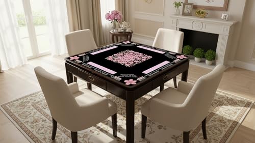 American Mahjong Mat with Rules Printed (33x33, 2.5mm Thick, Cherry Blossom Black) Mahjong Mat for Table w/Bag, Crease-Proof Waterproof Non-Slip, Soft Mahjong Table Mat, Noise Reduction - color: Cherry Blossom Black Mat
