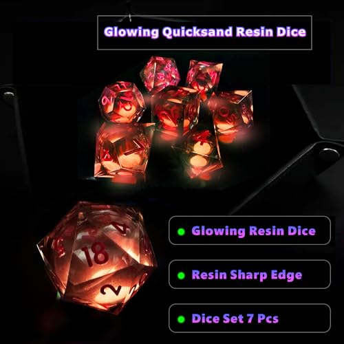 HAOMEJA Glowing Quicksand Resin Dice Set DND 7 Pcs D&D Resin Sharp Edge Role Playing Dice with Dragon Eye Bag, Polyhedral Dungeons and Dragons Dice D20 D12 D10 D100(00-90) D8 D6 D4 (Black & Red) - color: Glowing Red & Black