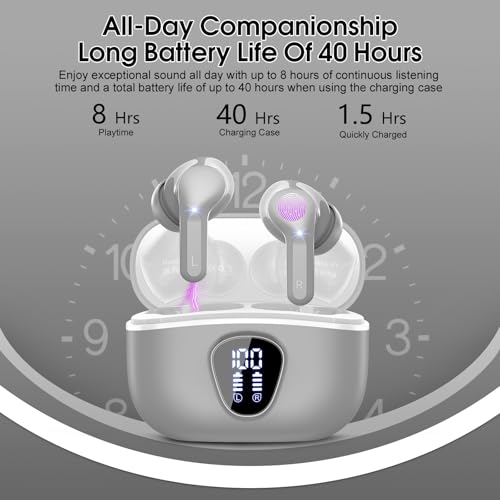 Wireless Earbuds, Bluetooth 5.4 Headphones HiFi Stereo, Bluetooth Earbuds with ENC Noise Cancelling Mic, IP7 Waterproof in Ear Earphones, 48H, LED Display Ear buds for Pad Workout Sports, Grey - color: Grey