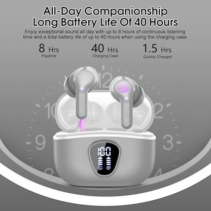Wireless Earbuds, Bluetooth 5.4 Headphones HiFi Stereo, Bluetooth Earbuds with ENC Noise Cancelling Mic, IP7 Waterproof in Ear Earphones, 48H, LED Display Ear buds for Pad Workout Sports, Grey - color: Grey
