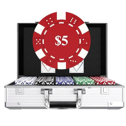 HEITOK Poker Chips 1000 Chips Set with Denominations, 11.5g Weighted Numbered Casino Chips Set, 2 Decks with Compact Aluminum Case for Texas Hold'em, Blackjack Chips | 2-20 players, numbered values 1/5/25/100/500, aluminum case, cards, dice, dealer/small/