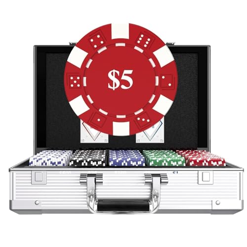 HEITOK Poker Chips 1000 Chips Set with Denominations, 11.5g Weighted Numbered Casino Chips Set, 2 Decks with Compact Aluminum Case for Texas Hold'em, Blackjack Chips | 2-20 players, numbered values 1/5/25/100/500, aluminum case, cards, dice, dealer/small/