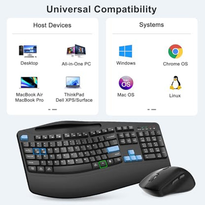 Wireless Keyboard and Mouse Combo, Full Size Ergonomic Wave Keys(Blue) | 2.4G Ergonomic Keyboard with Wrist Rest, Phone Holder, 3-Level DPI Silent Mouse with 6-Buttons, for Windows/Mac OS/Laptop/PC - color: Blue Black