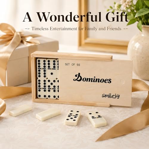 Smilejoy Double Nine Dominoes for Adults, 55 Tiles with Wooden Box | For 2-6 players, Metal spinners,Travel wood case,55 domino tiles, Classical Board game, Family game night,gift choice - size: D9+ Medium