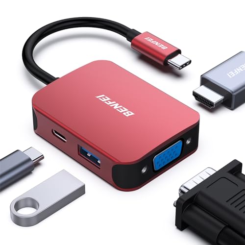 BENFEI USB C HUB 4-in-1, USB Type-C to HDMI VGA Adapter, USB C to USB Adapter, USB Type-C Power Delivery, Compatible with iPhone 15 Pro/Max, MacBook Pro/Air 2023, iPad Pro, iMac, S23, XPS 17 - color: Red, size: 4-in-1