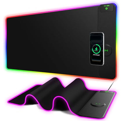 XXL RGB Gaming Mouse Pad with 15W Magnetic Wireless Charger | 31.5'' x 15.8'' Extra Large LED Desk Mat, 24 Light Effects, Non-Slip Rubber Base, Waterproof Easy Gliding Surface - color: RGB-Magnetic Right Charger-31.5"x15.8"