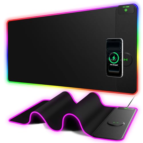 XXL RGB Gaming Mouse Pad with 15W Magnetic Wireless Charger | 31.5'' x 15.8'' Extra Large LED Desk Mat, 24 Light Effects, Non-Slip Rubber Base, Waterproof Easy Gliding Surface - color: RGB-Magnetic Right Charger-31.5"x15.8"