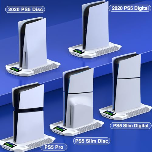 PS5 Pro/Slim/PS5 Stand and Cooling Station with Controller Charging Station for Playsation 5 Disc Digital Console, PS5 Accessories Incl. 3 Levels Cooling Fan, 13 Game Slots, 3 USB HUB, Headset Holder - size: Q254-PS5 Stand