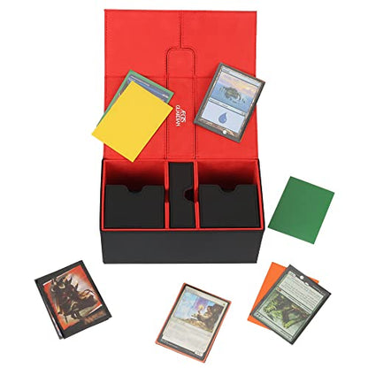 AEGIS GUARDIAN Card Deck Box for MTG with 3 Tray Commander Deck Box Hold 200+ Double Sleeved Cards, PU Leather 7 Strong Magnets Card Storage Box Deck Game Case for TCG CCG, Red Ineer - color: 4-3