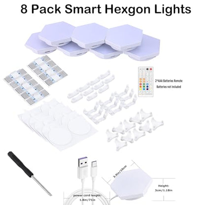 Hexagon LED Lights, 8 Pack with App and Remote Control | Frosted 3D plastic panels for gamers and streamers; made for gaming rooms, esports setups and movie rooms with music sync - size: 8pack
