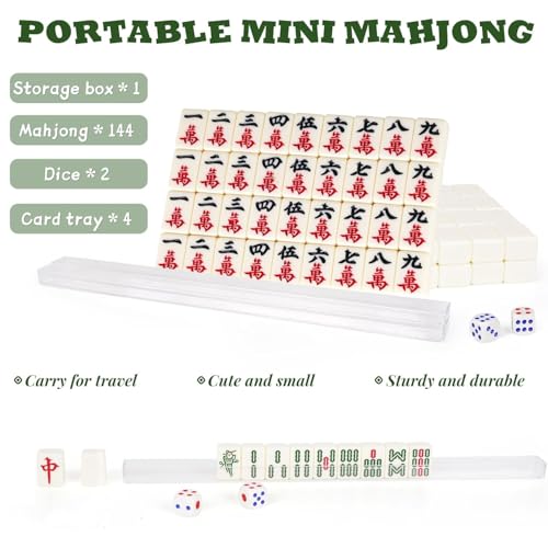 Portable Chinese Mahjong Set with 144 Mini Tiles, Travel Mahjong Game Set with 4 Clear Racks, 2 Dice & Spare Tiles, Compact Mahjong Board Game for Family, Outdoor Travel Gift (Ivory)