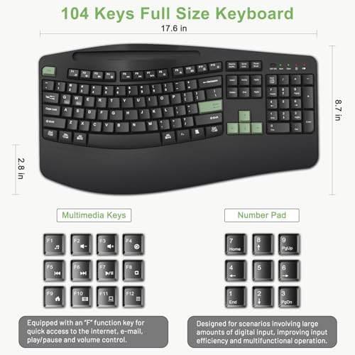 Wireless Keyboard and Mouse Combo, 2.4G Ergonomic Wave Keys(AvocadoGreen) | Full Size Ergonomic Keyboard with Wrist Rest, Phone Holder, 3-Level DPI Silent Mouse with 6-Buttons,for Windows/Mac OS/Laptop - color: Black and Avocado Green