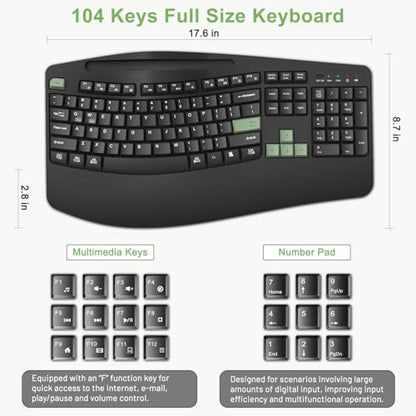 Wireless Keyboard and Mouse Combo, 2.4G Ergonomic Wave Keys(AvocadoGreen) | Full Size Ergonomic Keyboard with Wrist Rest, Phone Holder, 3-Level DPI Silent Mouse with 6-Buttons,for Windows/Mac OS/Laptop - color: Black and Avocado Green