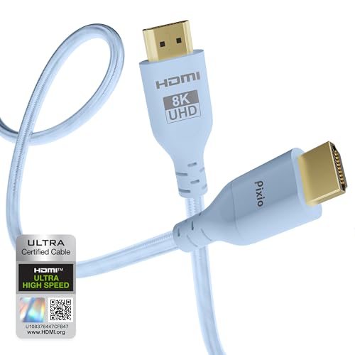Pixio Blue 8K HDMI 2.1 Cable Ultra Certified Ultra High Speed 10FT 8K 60Hz 4K 120Hz Nylon Braided, Gold Plated Connector, Anti-Breakage, HDR10+, dtsx, eARC, HDCP, Dolby Compatible - color: Blue, size: 10 ft