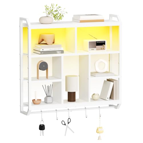HOOBRO Gaming Floating Shelves with LED Light, 28.1" LED Wall Shelf White | 4-Tier Wall Mounted Shelves for Storage, Floating Wall Shelf Display Rack With Hanging Rod, for Bedroom Game Room Living Room - color: White