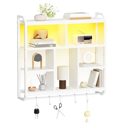 HOOBRO Gaming Floating Shelves with LED Light, 28.1" LED Wall Shelf White | 4-Tier Wall Mounted Shelves for Storage, Floating Wall Shelf Display Rack With Hanging Rod, for Bedroom Game Room Living Room - color: White