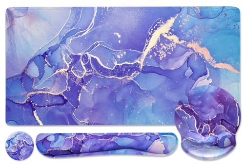 4-in-1 Gaming Mouse Pad Wrist Support Set，Desk Pad + Mouse Pad with Wrist Rest + Keyboard Wrist Rest + Coaster, Ergonomic Design for Home Office Study Game - Purple Marble - color: 4 Pcs Purple Marble