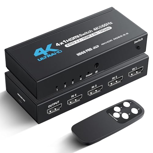 NEWCARE HDMI Switch 4 in 1 Out 4K@60Hz, 4x1 HDMI Splitter Switcher with IR Remote, 4 Port HDMI Selector Box Support HDMI2.0, Dolby Vision/Atmos, HDR10 for Switch, Xbox, PS5/4, Roku, Fire Stick