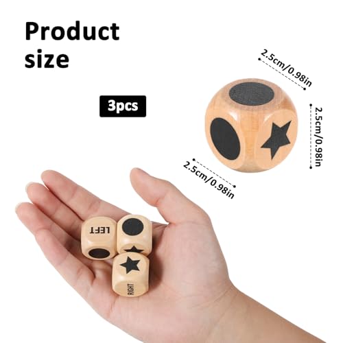 Qianyu 3 Pcs Left Right Center Game Dice Set 1Inch Wooden Dice with Drawstring Bag Standard Size 6 Sided Dices Accessorie Bamboo Wood Easy to Store and Carry Around Dices for Travel