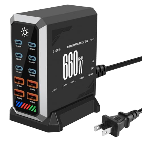 660W USB C Fast Charger Block, 10 Ports GaN III USB Chagring Station, Dual 140W PD PPS HUB for Multiple Devices, Laptop Adapter Compatible with MacBook Pro/Air iPad iPhone Pro Max, Galaxy, Dell, HP - size: 660W-6C4A