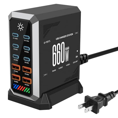 660W USB C Fast Charger Block, 10 Ports GaN III USB Chagring Station, Dual 140W PD PPS HUB for Multiple Devices, Laptop Adapter Compatible with MacBook Pro/Air iPad iPhone Pro Max, Galaxy, Dell, HP - size: 660W-6C4A