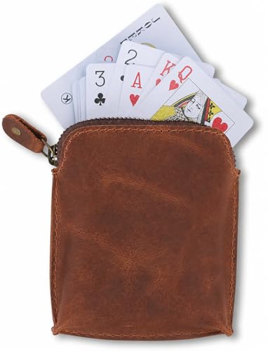 Premium Full Grain Leather Playing Card Case, Zippered Playing Card Holder for Poker Bridge Cards, Durable Leather Card Deck Storage Organizer Travel Card Carrying Pouch Multi Purpose Wallet - color: Tan