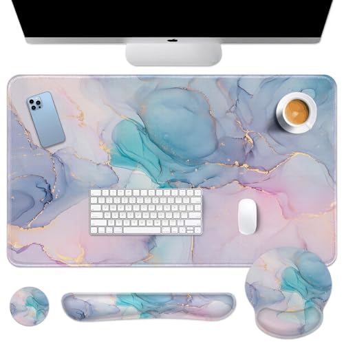 Arttown Keyboard Mouse Pad Set, 4 in 1 Desk Mat Set Marble Gradient | Gold Purple Pink Large Mousepad+Keyboard Wrist Rest+Mouse Wrist Rest+Coaster Ergonomic Design for Home Office Computer - color: Blue Purple Marble