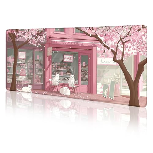 LIMKRIAN Cat Mouse Pad, Large Desk Mat, 31.5 x 11.8 in Pink Cherry Blossom | Stitched Edges, Non-Slip, Keyboard Mouse Pad, Computer Mouse Pads for Desktop, Cute Office Desk Accessories for Women - color: Japanese Dessert House