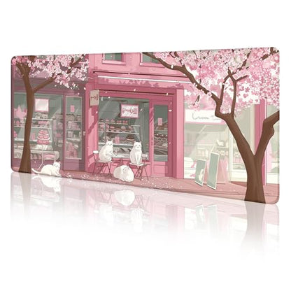 LIMKRIAN Cat Mouse Pad, Large Desk Mat, 31.5 x 11.8 in Pink Cherry Blossom | Stitched Edges, Non-Slip, Keyboard Mouse Pad, Computer Mouse Pads for Desktop, Cute Office Desk Accessories for Women - color: Japanese Dessert House