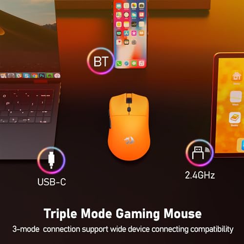 Redragon M919 Pro Wireless Esports Gaming Mouse, 54g Lightweight, Orange | 8000 Hz Polling Rate, 45K DPI, 6 Programmable Buttons, 85 Hr Battery, BT5.1/2.4GHz/USB-C Wired Gamer Mouse for PC/Mac/Win