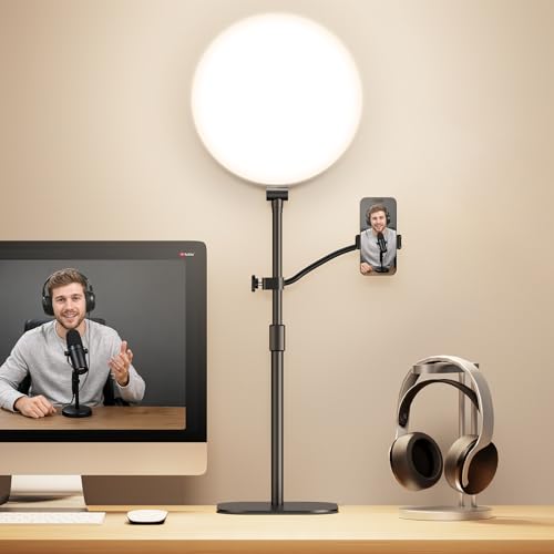 10" Full-Panel Desk Ring Light with Stand & Flexible Phone Holder, 24W 1100LM Light for Video Recording, 5 Color Modes up to 6500K, CRI 95+ for Computer, Podcast, Streaming, Zoom & Video Calls