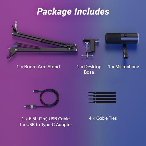 TONOR Dynamic Gaming Microphone, XLR/USB Microphone for Content Creators with AI Noise Cancellation, RGB, Tap Mute, Gain Control, Microfono with Boom Arm for Streaming, Black, TD510 AIR S H+