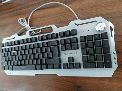 SEUNKWANG Wired Gaming Keyboard, 104 Keys Wired Gaming Keyboard with Mouse Pad, All-Metal Panel Quiet Computer Keyboard with Blue Backlit, Knob, Light Up Keyboard, Wired Keyboard for PC Gamers-Black