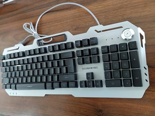 SEUNKWANG Wired Gaming Keyboard, 104 Keys Wired Gaming Keyboard with Mouse Pad, All-Metal Panel Quiet Computer Keyboard with Blue Backlit, Knob, Light Up Keyboard, Wired Keyboard for PC Gamers-Black