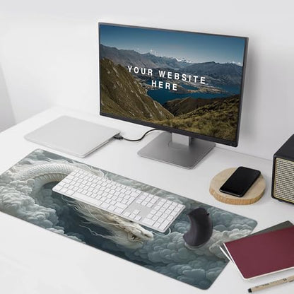 Large Chinese Dragon Mouse Pad, Non-Slip Natural Rubber Desk Mat with Stitched Edges, White and Gray, 35.4 x 15.7 Inches, Gaming - color: White Dragon