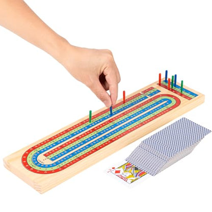 Cribbage Board Game Set - Complete Cribbage Kit for 2-4 Players - Includes 9 Pegs, Deck of Playing Cards & Continuous 3 Track Board - Perfect for Family Game Night & Travel (Ages 8+)