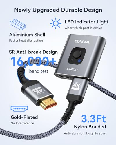 HDMI Switch 4K@60Hz Splitter【with 3FT HDMI Cable】, GANA Aluminum Bidirectional HDMI Switcher 2 in 1 Out, HDMI Hub for 3D, HDR, Compatible with Xbox, PS5/4/3,Fire Stick,Roku,Blu-Ray Player - color: Gray with 3Ft Cable